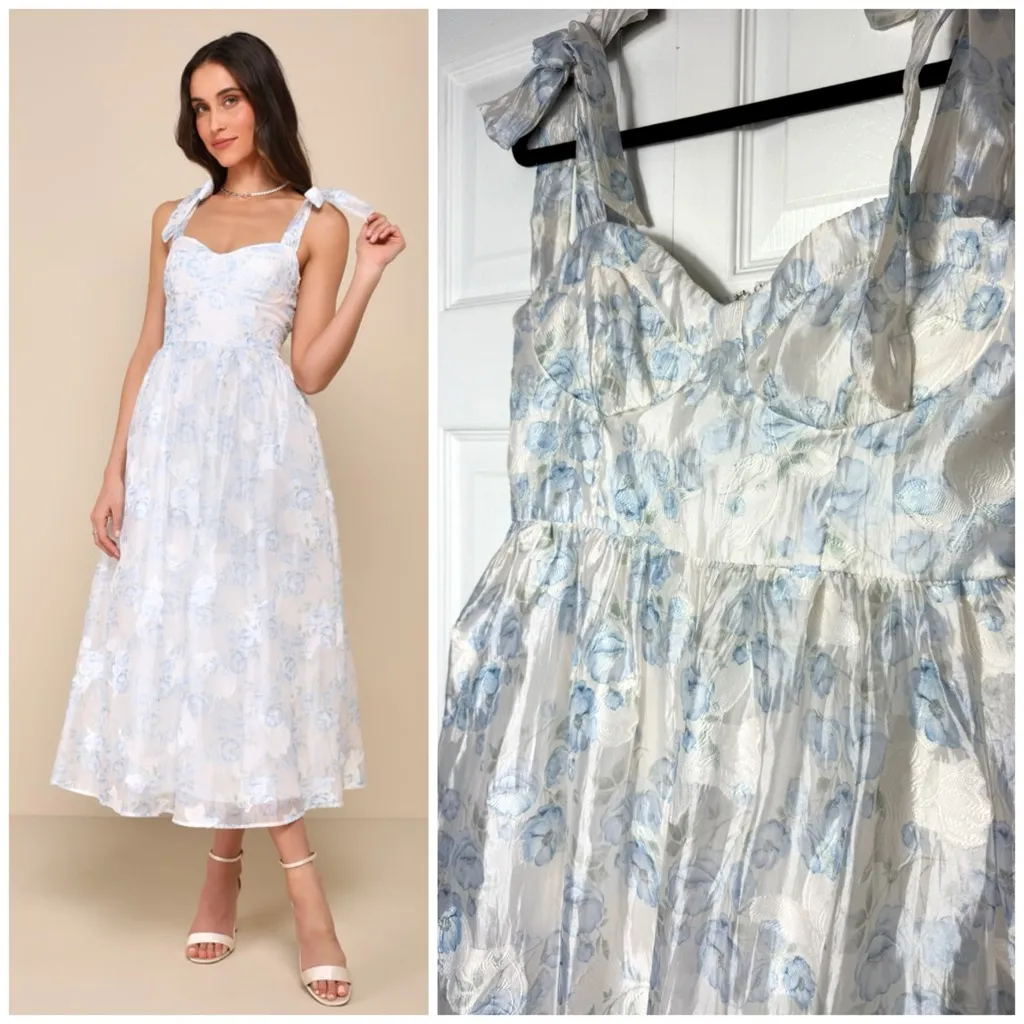 Lulus White Baby Blue Floral Burnout Tie-Strap Sweetheart Midi Dress Size M - Image 2