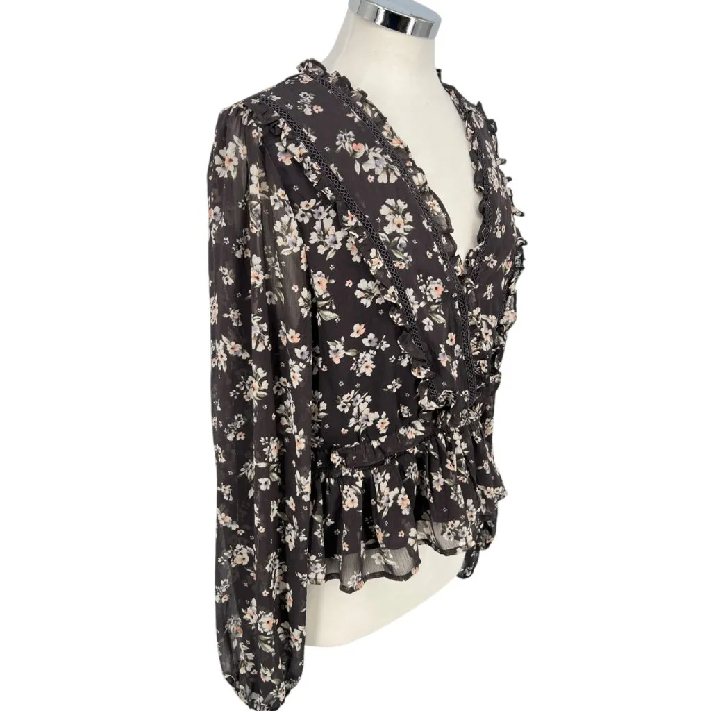 ASTR The Label Floral Ruffle Peplum Blouse Sheer Sleeves V-Neck Gray Size XL NWT - Image 5
