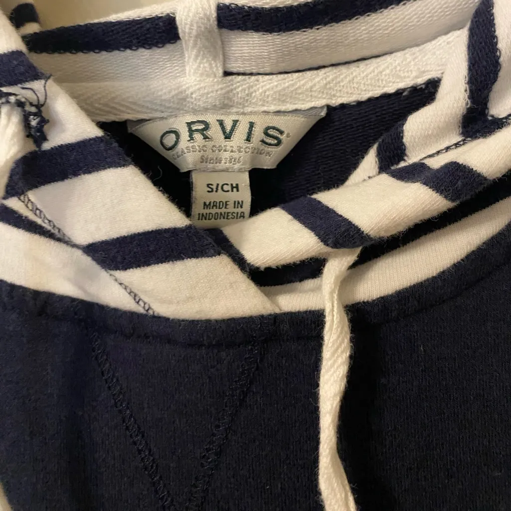 Womens Orvis Blue White Striped Hoodie Colorblock Sweatshirt Size Small - Image 2