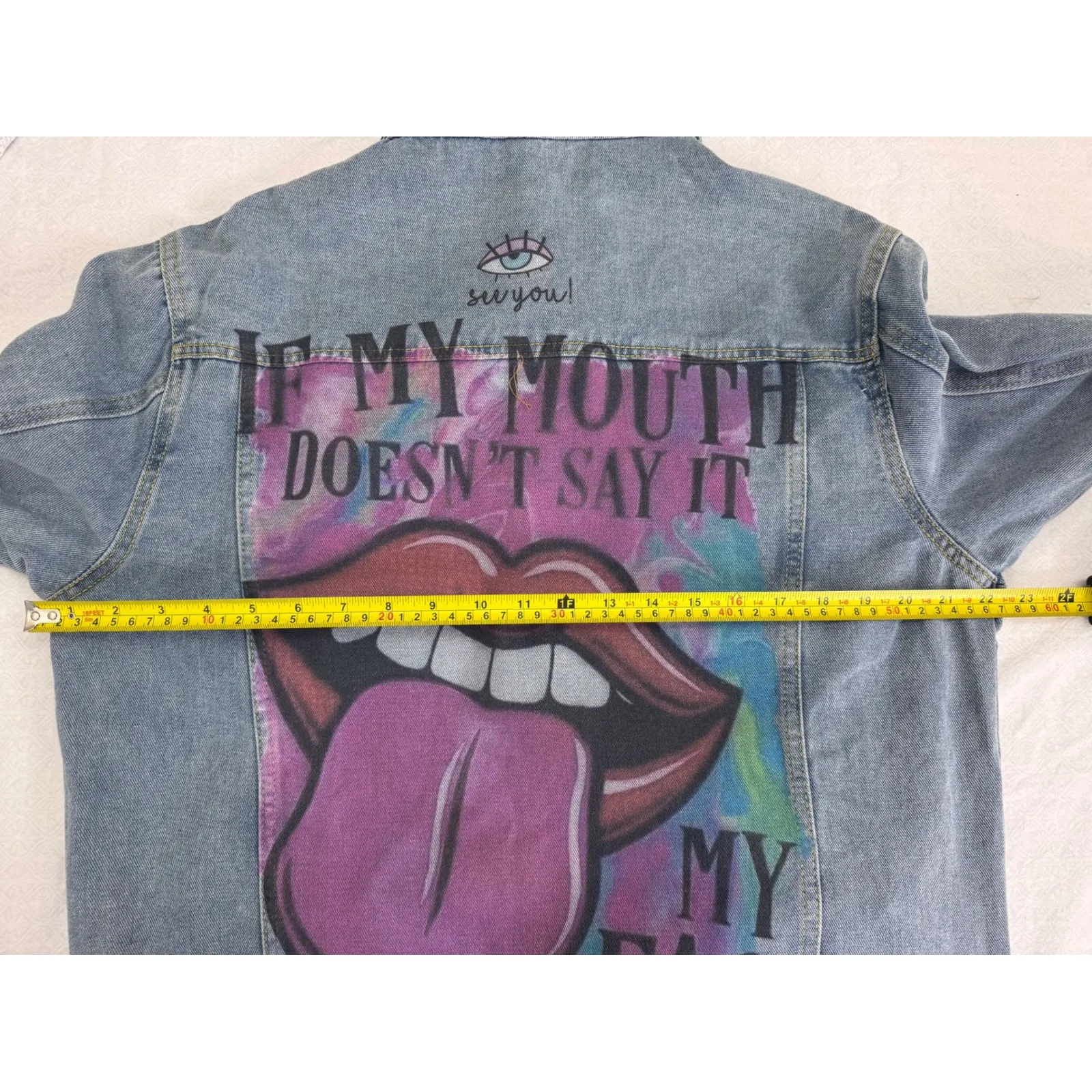 Denim Jacket Graphic Print Statement Back Design Women's Size L Blue Size L - Image 4