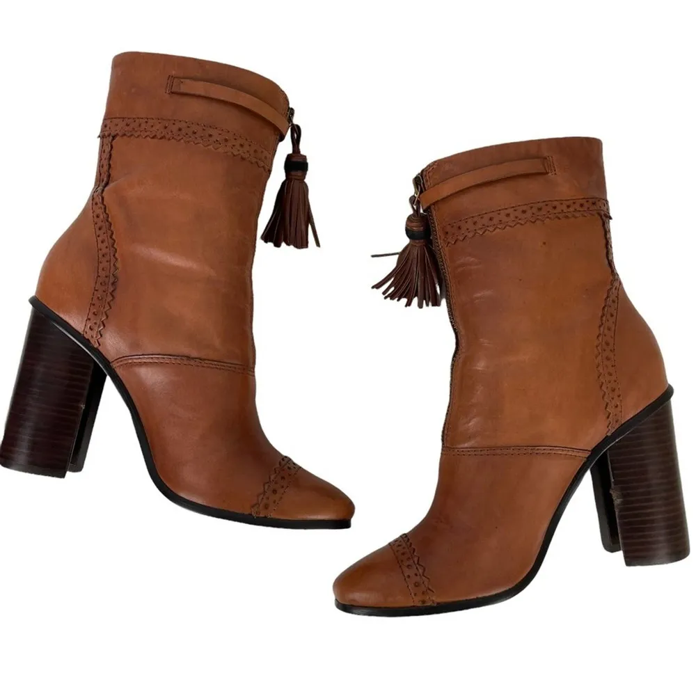 TORY BURCH Womens Size 8 Huxley Brown Leather Ankle Boots Tassel Zipper Shoes - Image 14