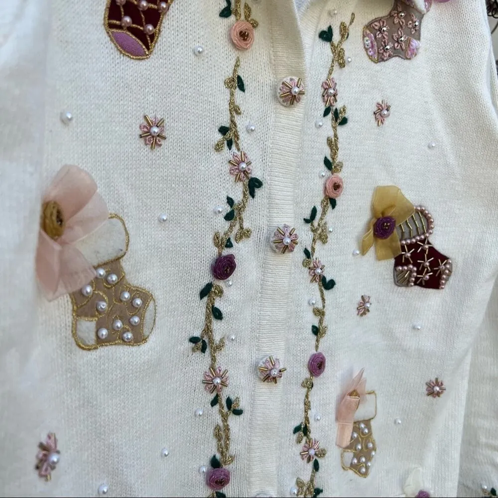 Vintage 90s BP Designs pastel romantic Christmas button down cardigan sweater White - Image 2