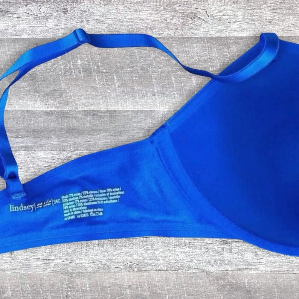 Lindsey Underwire Bra 34C Lightly Padded Royal Blue Knit Lace Overlay - Image 3