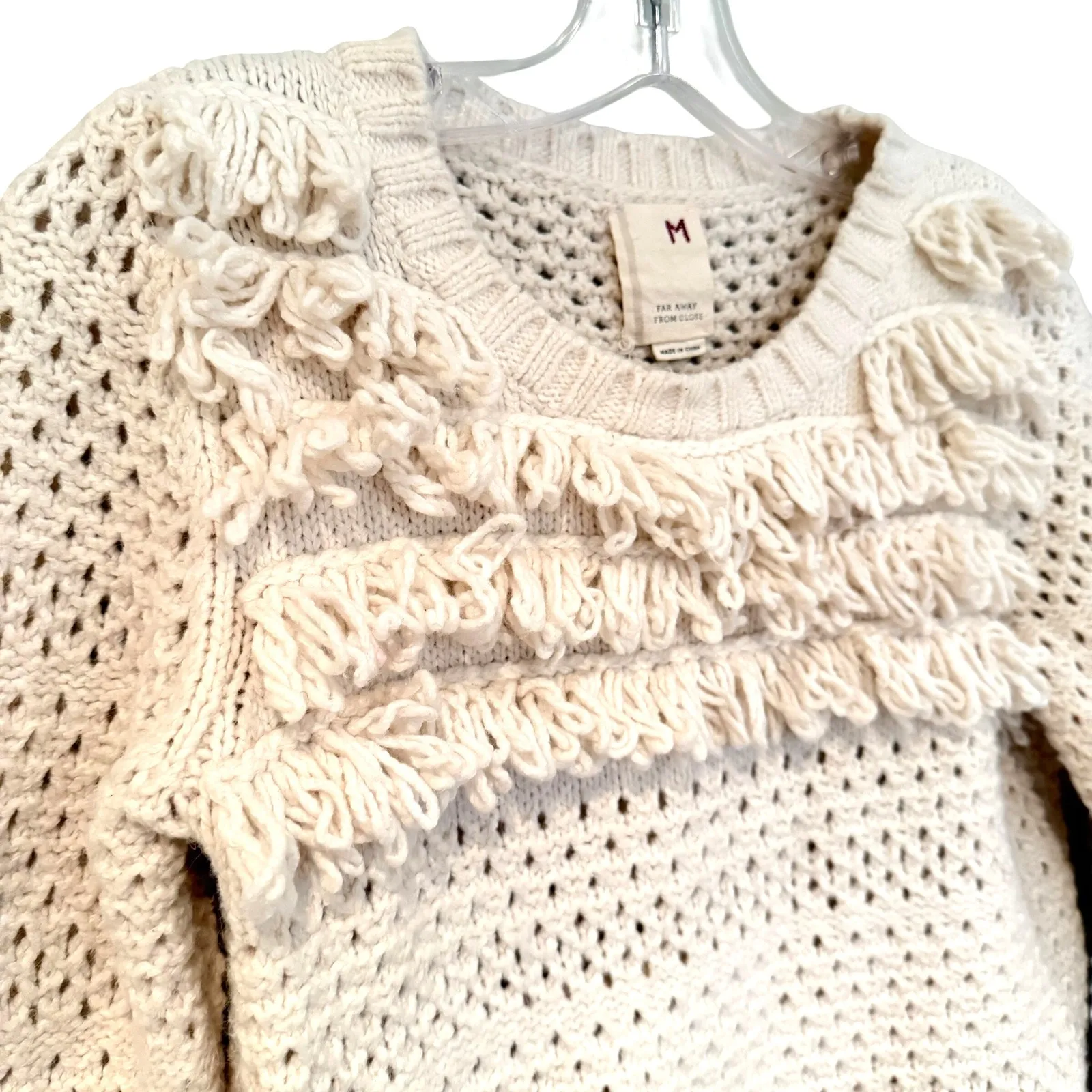 Far Away From Close Anthropologie Fringe Crochet Sweater Womens M Cream Boho Y2K Size M - Image 3