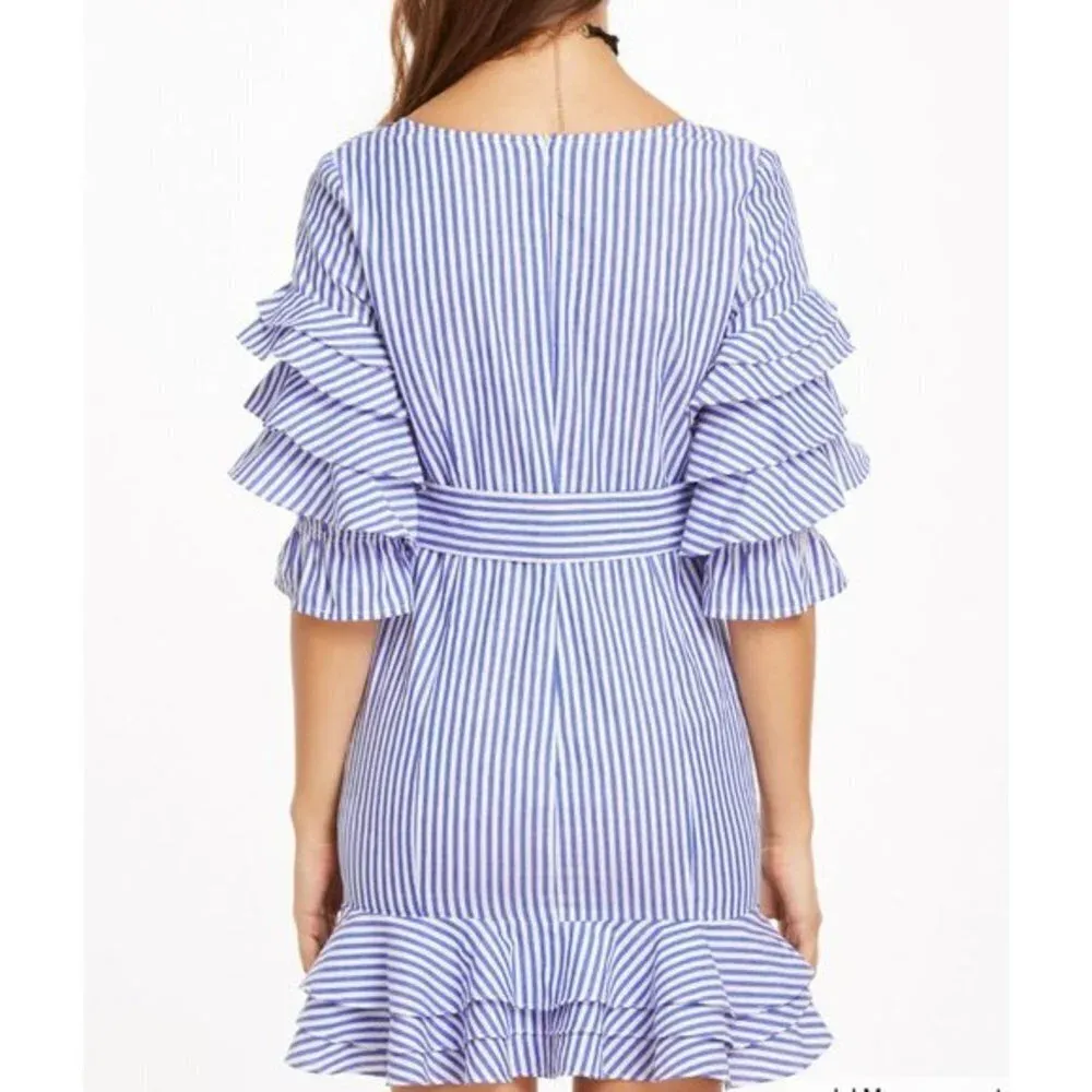Wrap Front‎ Striped Ruffle Dress with Tie Closure Small - Image 2