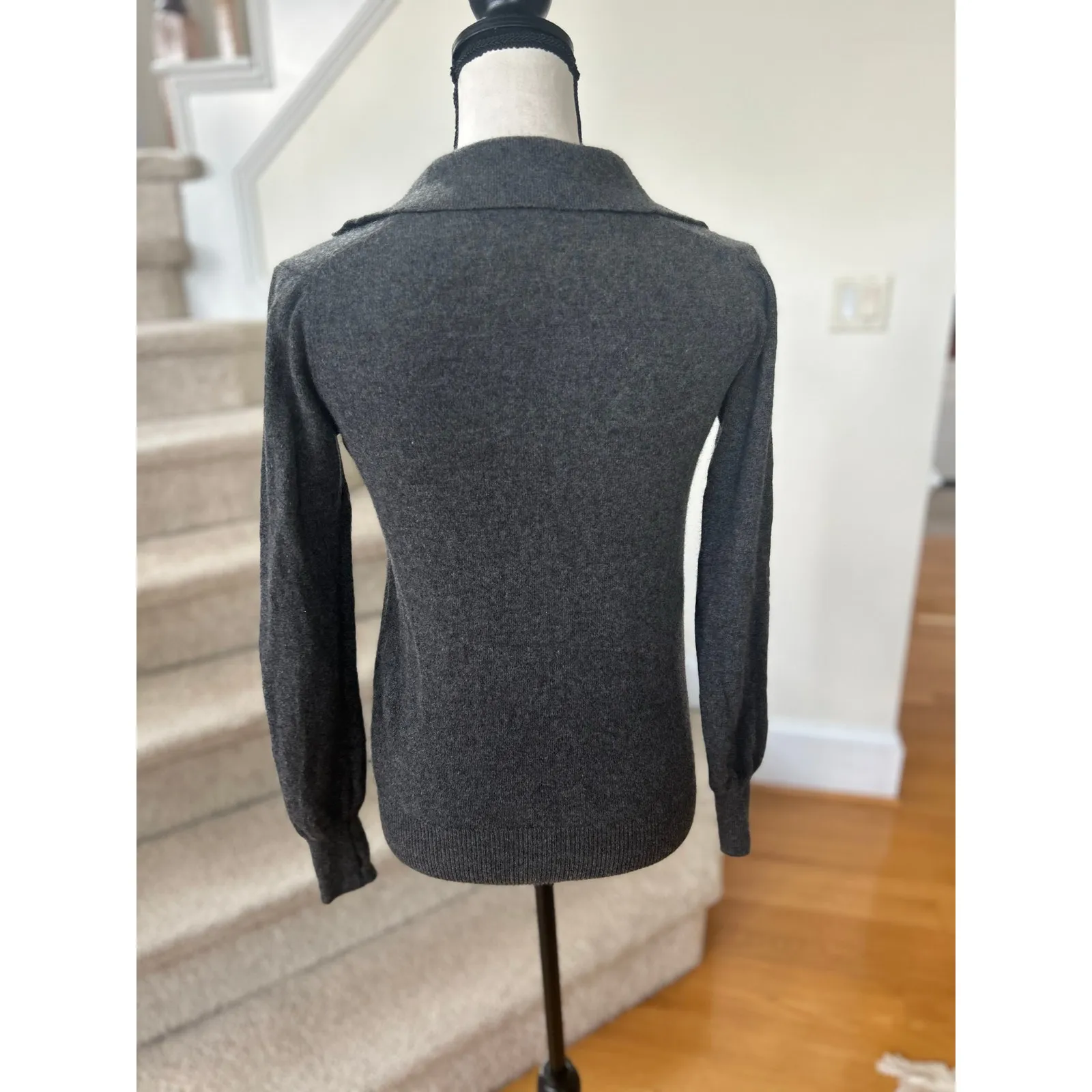 Saks Fifth Ave Charcoal Grey Cashmere Johnny Collar Long Sleeve Sweater - Image 3