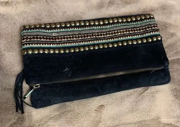 Sondra Roberts Navy Suede Clutch Boho Studded Turquoise Tribal Pattern Zip Bag - Image 1