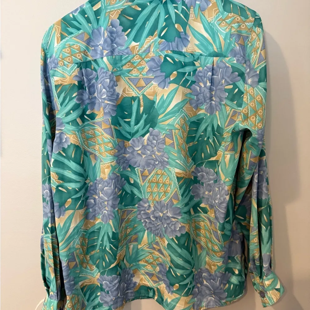 Alfred Dunner Blouse Women 14 Green Yellow  All Over Print Long Sleeve Vintage H - Image 6