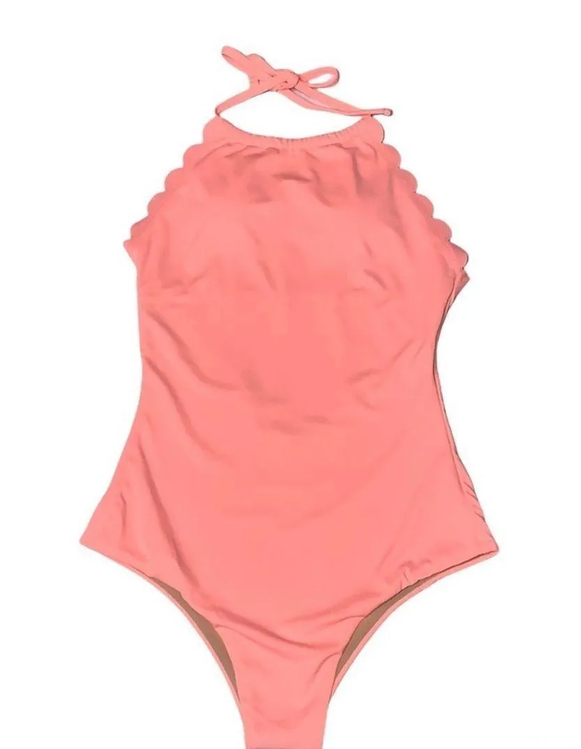 Vanilla/Beach Scalloped Open Back Halter Style  Swimsuit Coral Medium - Image 10