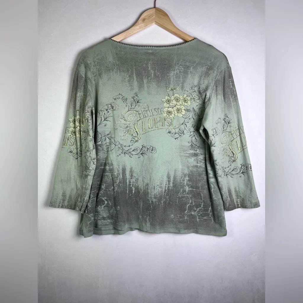 Women’s Vtg Y2K Floral Graphic Rhinestone Sage Boutique 3/4 Sleeve Shirt Sz L Green Size L - Image 6