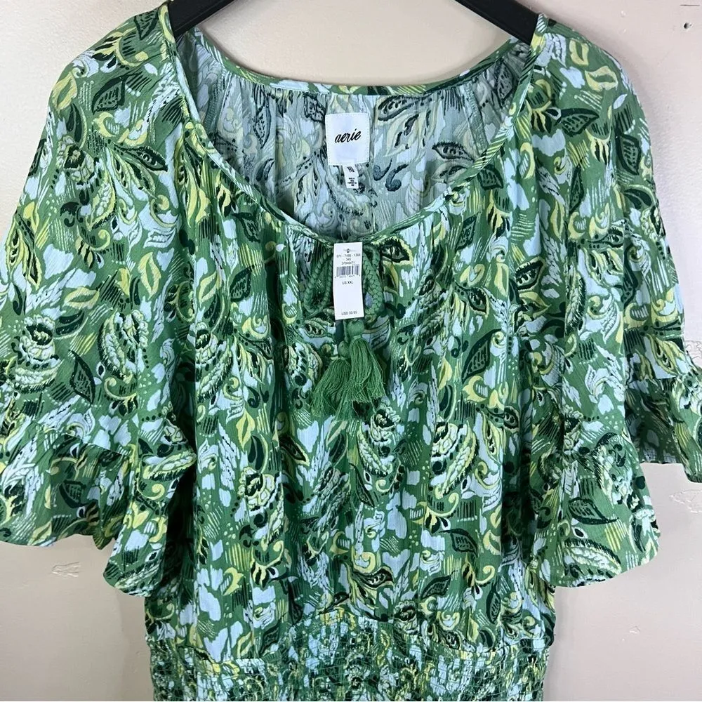 NWT Aerie Smocked Waist Floral Kelly Green Mini‎ Sundress Size XXL Summer - Image 8