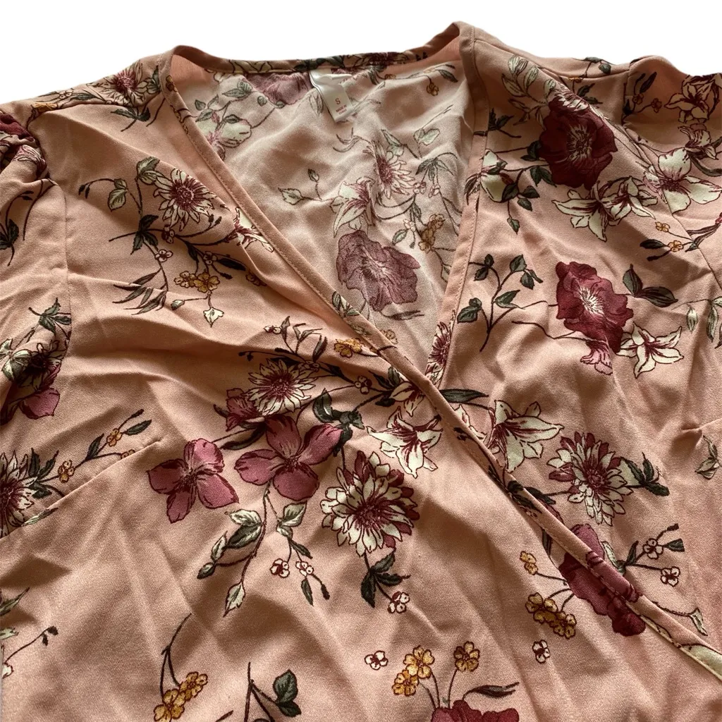 Xhilaration Pink Floral Long Sleeve Wrap Dress | V-Neck Boho Cottagecore S - Image 4