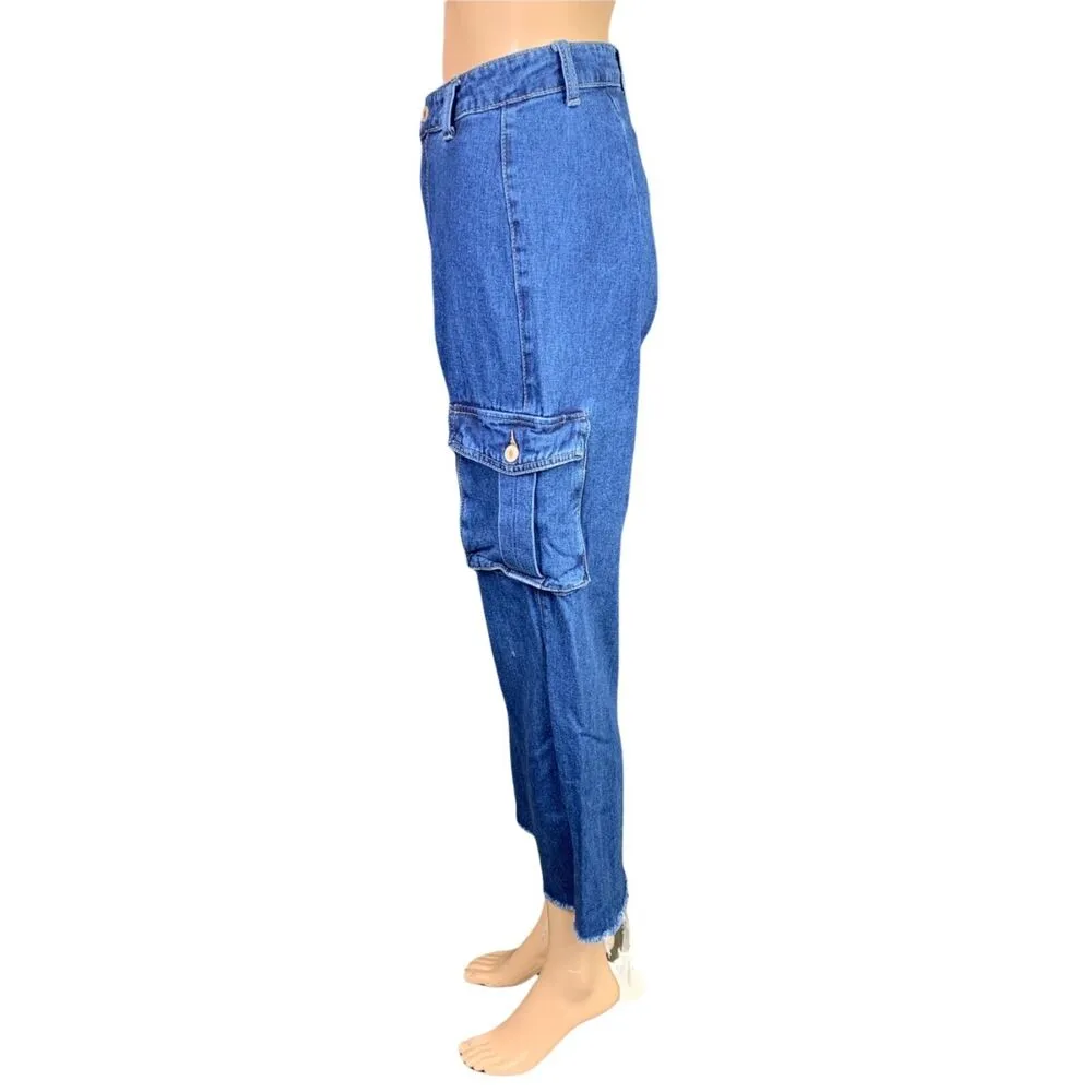 Shein Womens Denim Blue Jeans High Waist Cargo Pocket Mom Jeans Cropped XS - Image 6