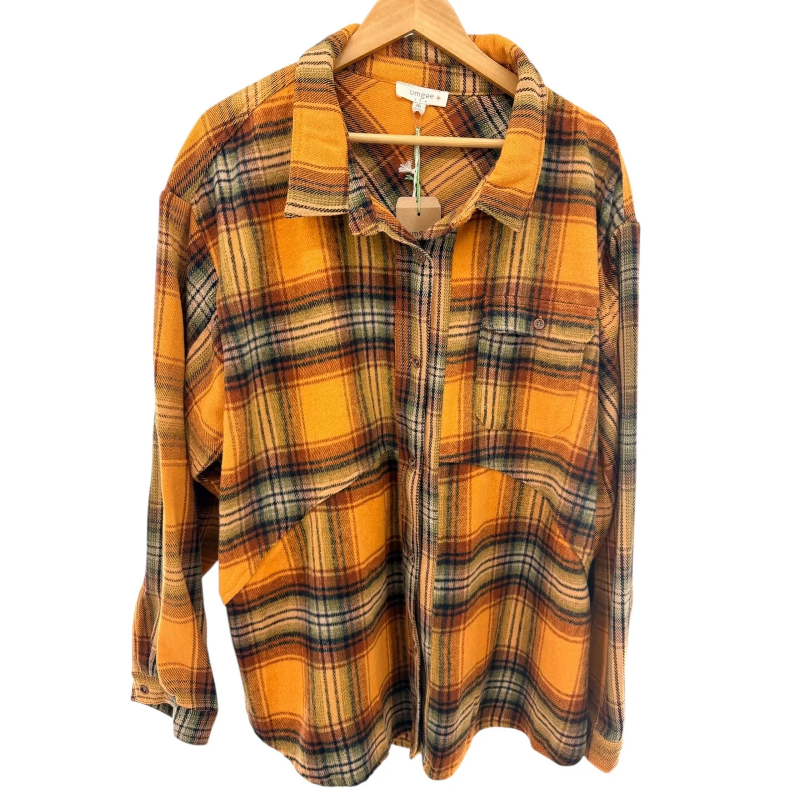 Umgee Plus 2X Mustard Orange Plaid Oversized Shacket Flannel Button Top NWT Yellow Size undefined - Image 6