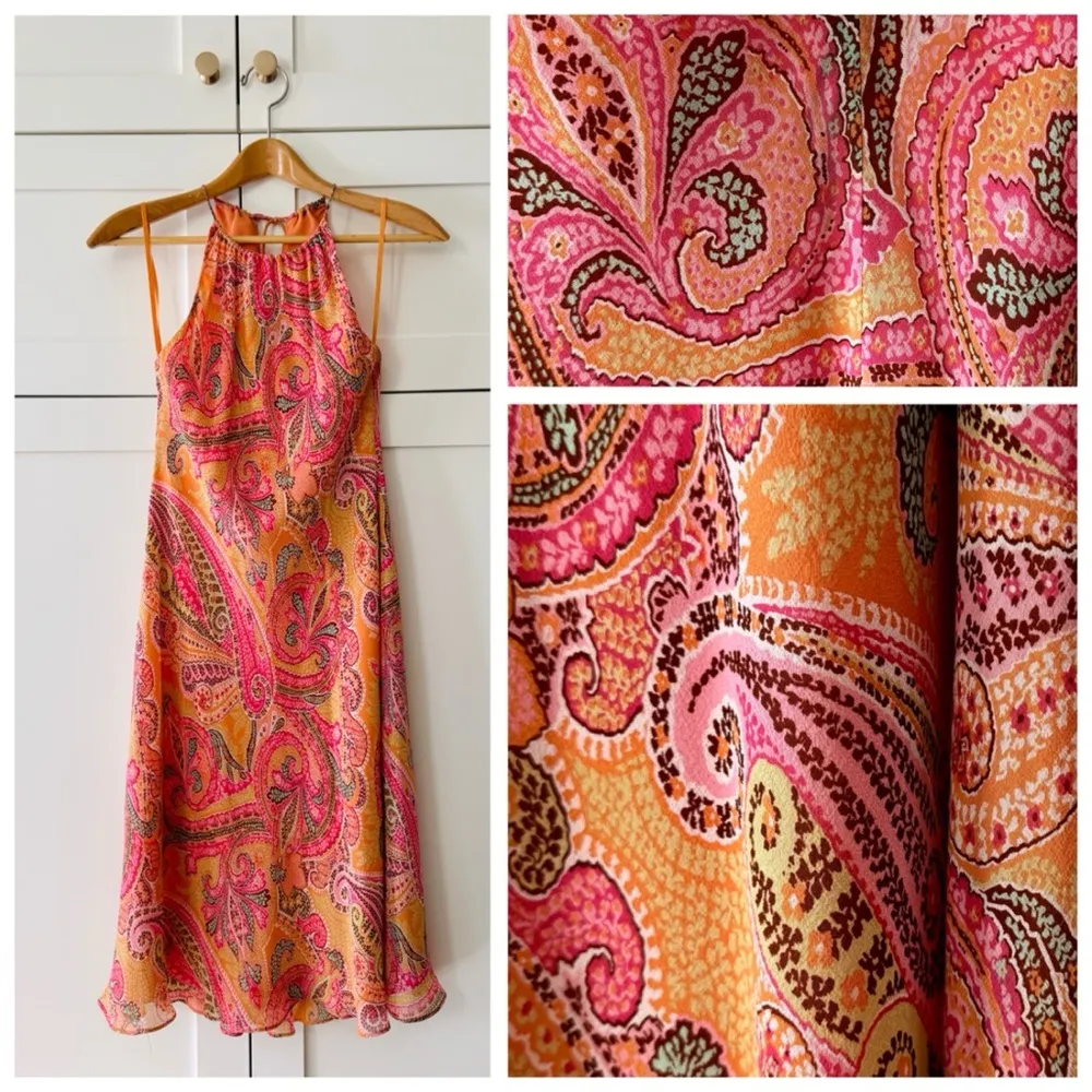 VTG Ann Taylor Silk Pink & Orange Paisley Print Slip Dress, Midi Length sz. 8P - Image 13