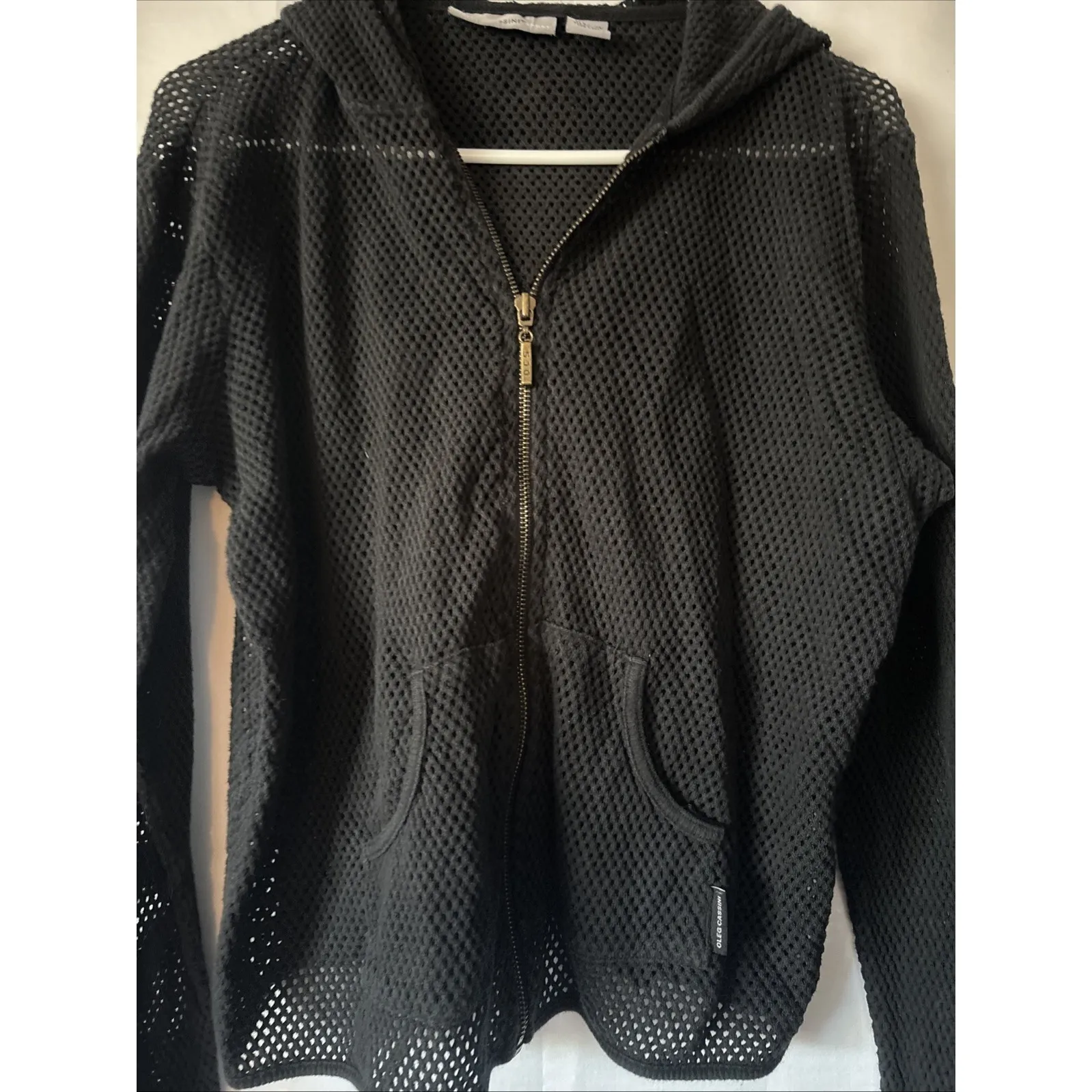 Vtg Y2K Knit Crochet Full Zip‎ Lg Hoodie Cover Up Black Boho Beach Oleg Cassini - Image 3