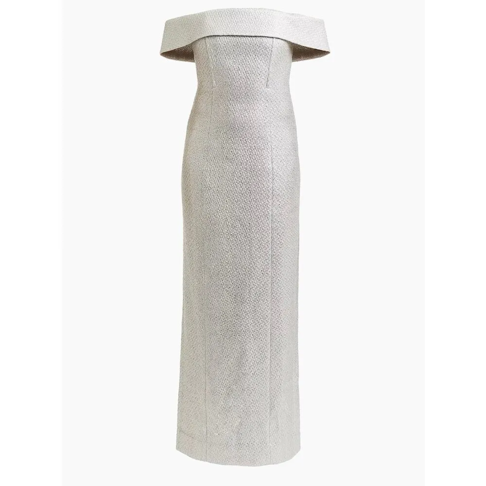 Mestiza New York Mona Silver Metallic Tweed Off the Shoulder Formal Gown 14 - Image 3