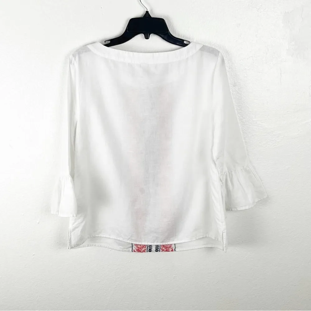 CHARTER CLUB White Embroidered Linen Blend 3/4 Bell Sleeves Top, Size Small - Image 2