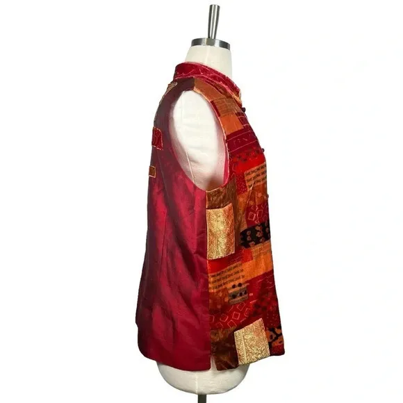 Vintage Quilted Mandarin Collar Vest Velvet Patchwork Silk Boho Women Size Large - Image 6