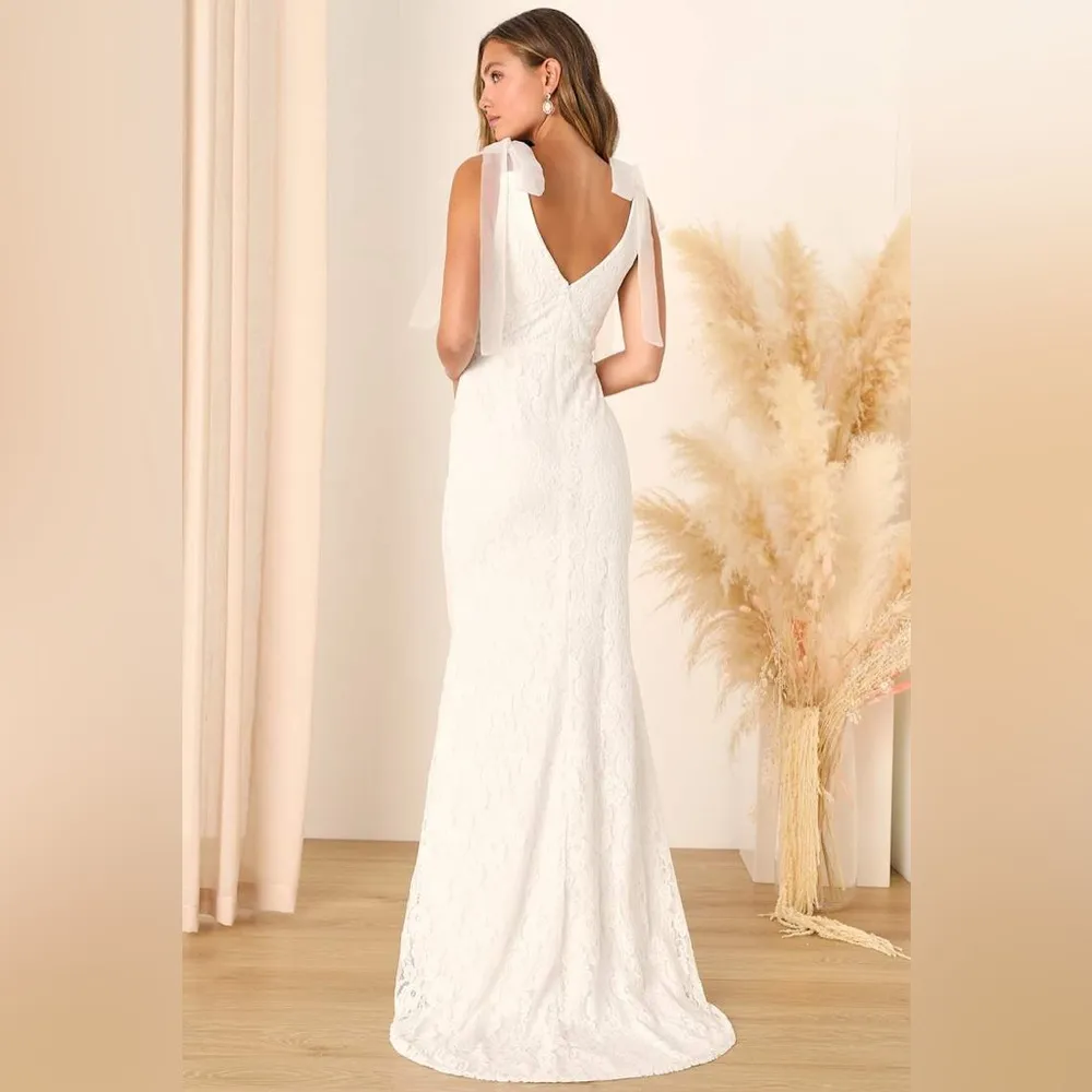 LULU’S Eternally Yours White Lace Tie-Strap Mermaid Maxi Dress - Image 6
