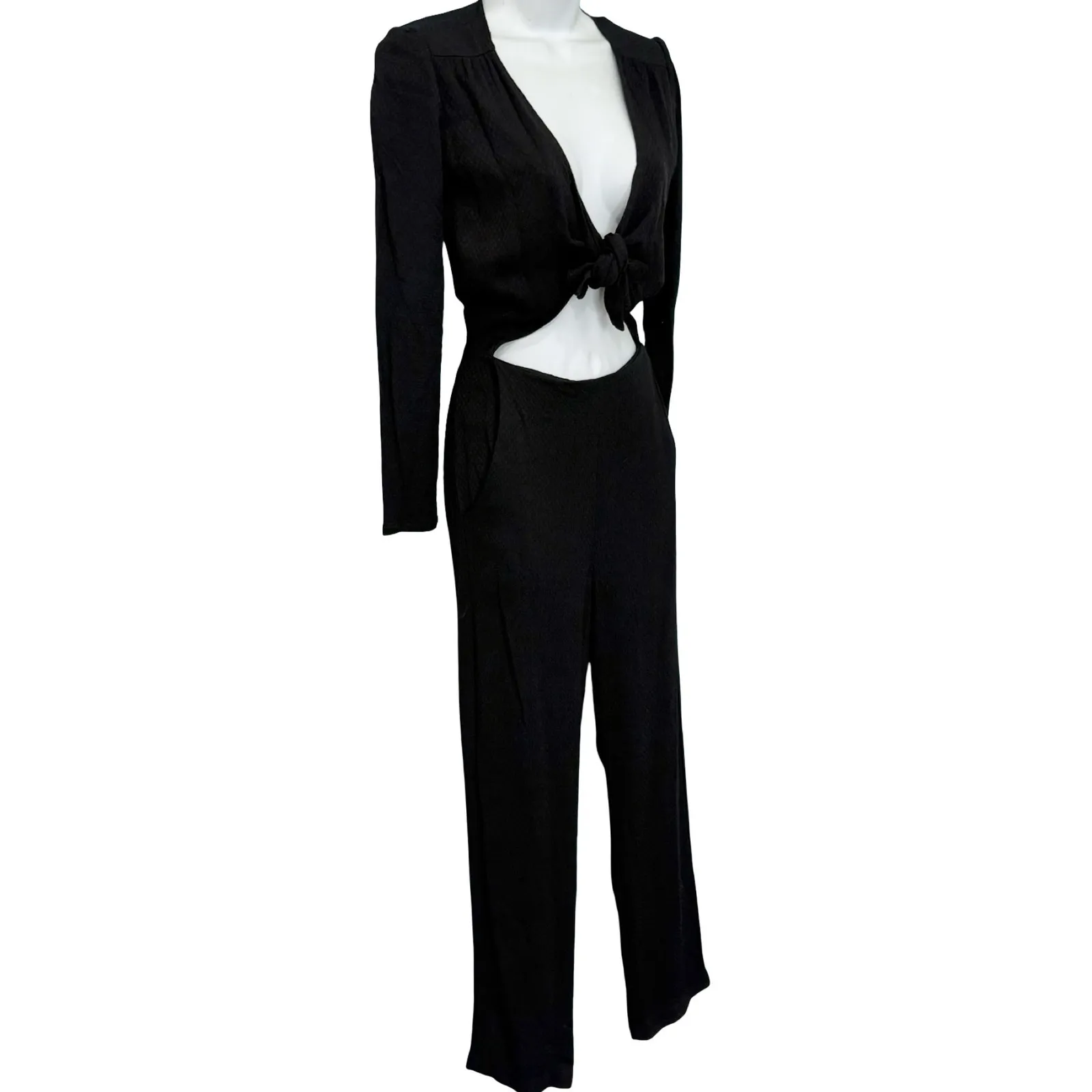 Reformation Black Ferris Textured Cut Out Tie Front Long Sleeve Jumpsuit size 0 - Image 15