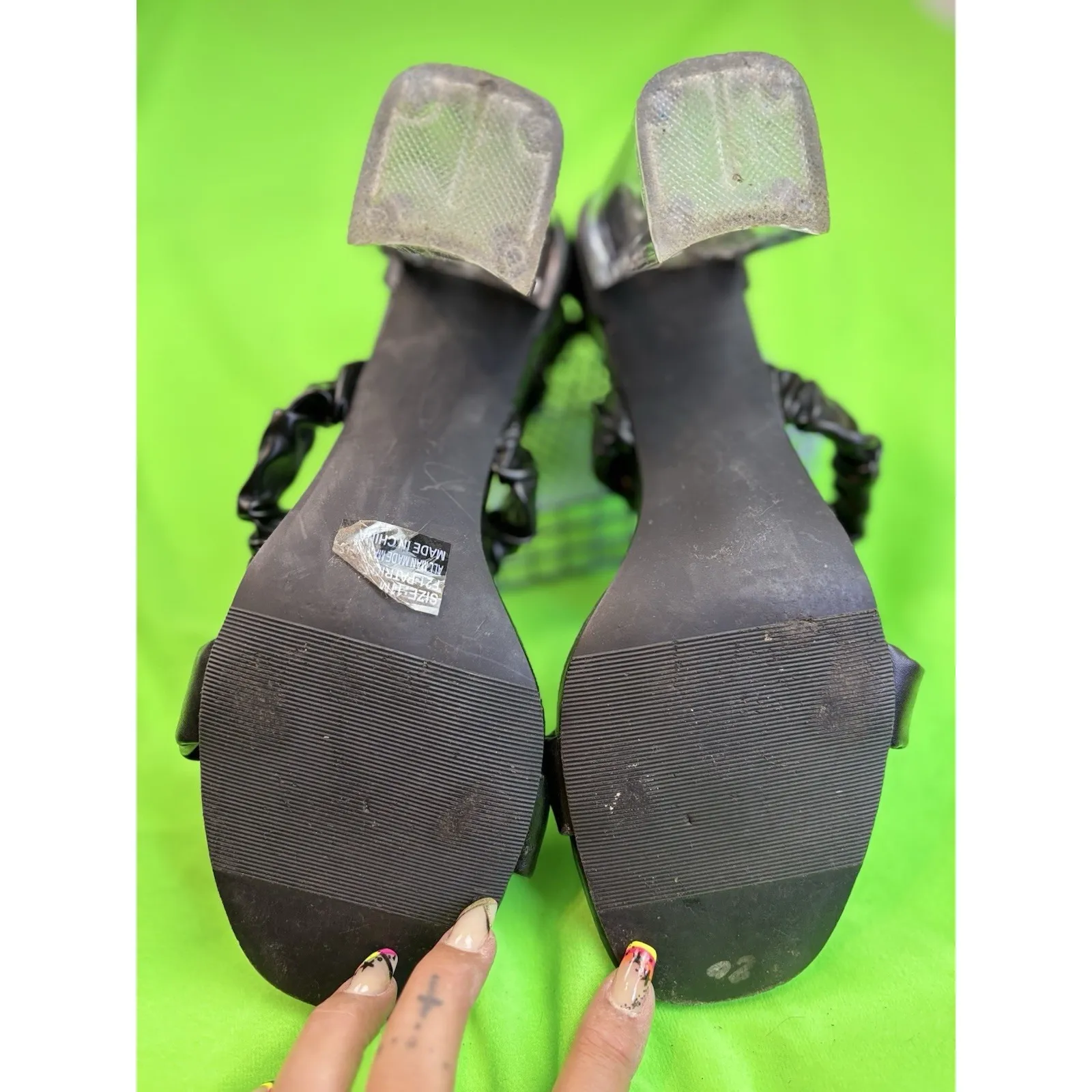 Forever 21 Black Strap Open Toe‎ Clear Chunky Block High Heels Zip Back Size 11M - Image 6