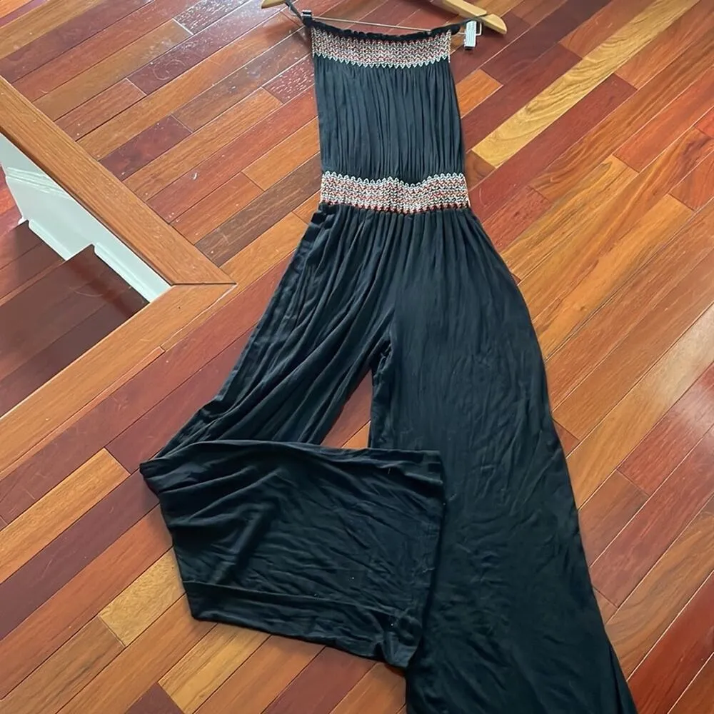 Romeo & Juliet Smocked Strapless Black Jumpsuit Embroidered Wide Legs Boho - Image 5
