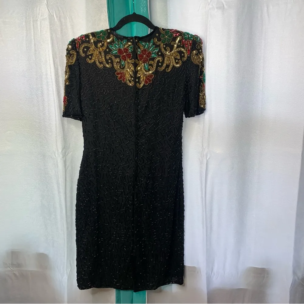 Vintage 80s Scala silk embellished beaded sequin holiday party dress size medium - Image 5