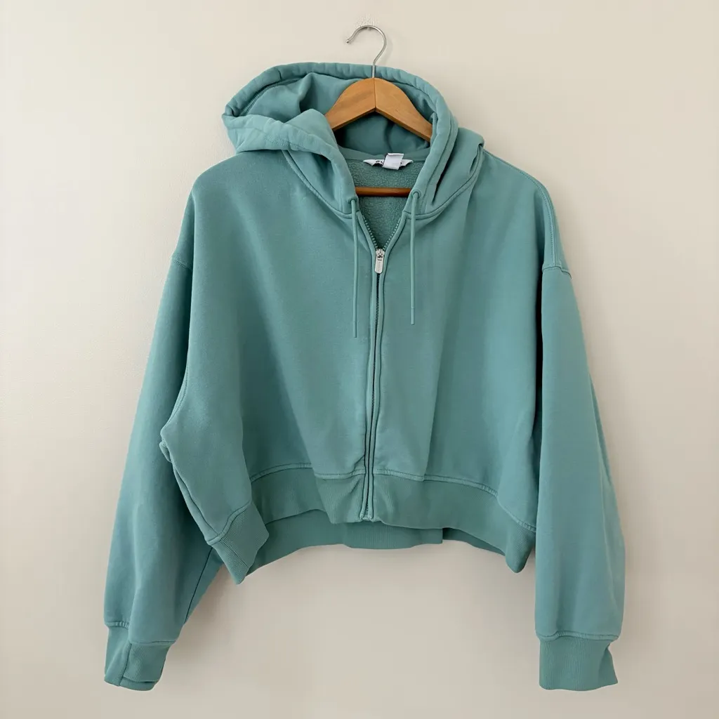 Athleta Forever Fleece Crop Full Zip Midweight Sweatshirt Hoodie Green Size XL - Image 2