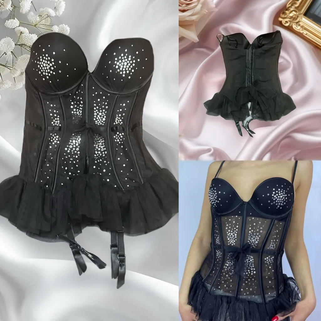 Victorias Secret Elegant Black Corset with Rhinestone Detailing size 34D - Image 9
