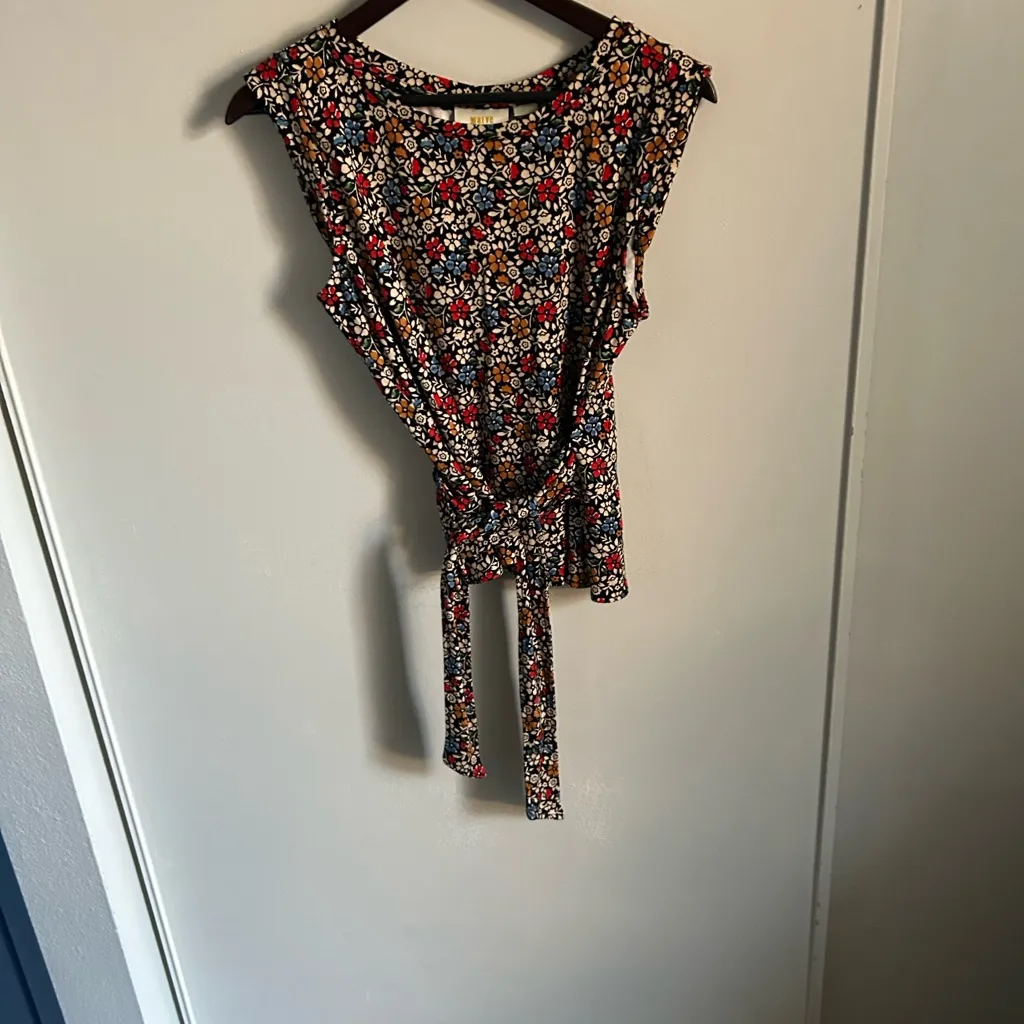 Maeve by Anthropologie Cap Sleeve Floral Print Tie Waist Back Wrap Blouse - Image 9