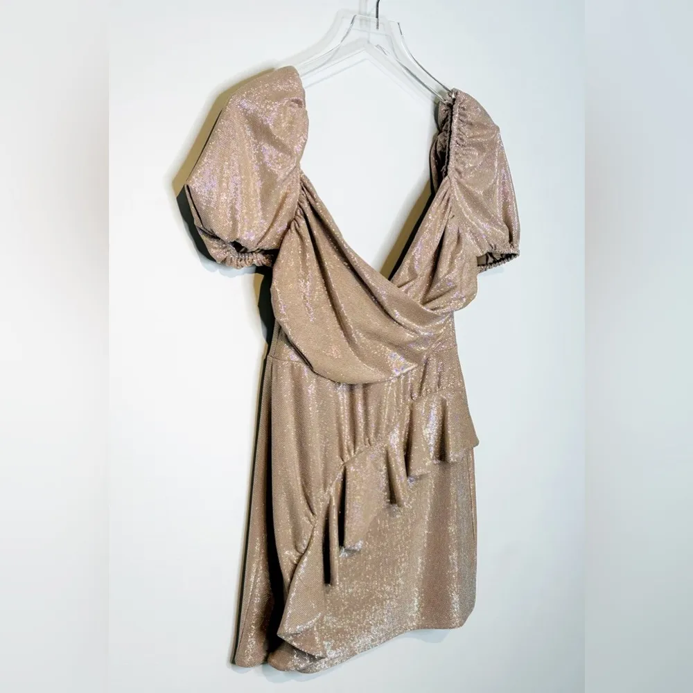 Tularosa Zina Tan Nude Metallic Silver Puff Sleeve Knit Mini Dress Size M NWT - Image 5
