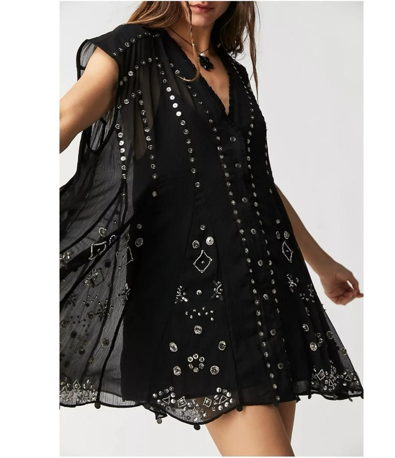 Free People Bohemian Gypsy Witchy Beaded Aston Dress Black Small Sheer Bells - Image 5