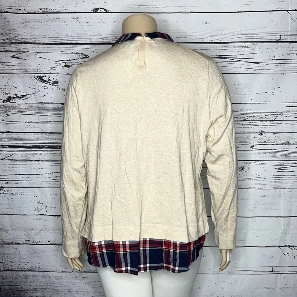 J. Crew NWT Size 2X Tan - Plaid Layered Long Sleeve 100% Cotton Sweater Top - Image 3
