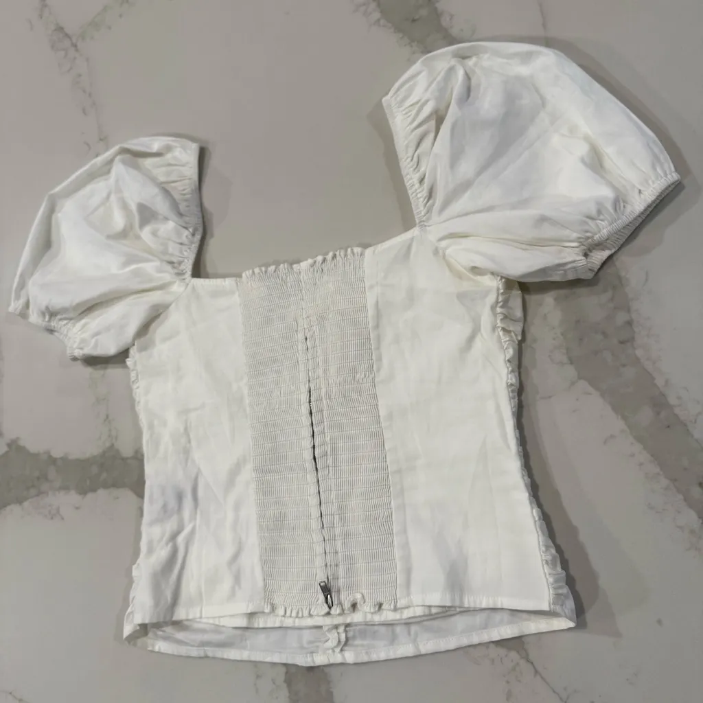 Reformation x Anthropologie Radish Puff Sleeve Ruched Top Womens 4 White ZipBack - Image 11