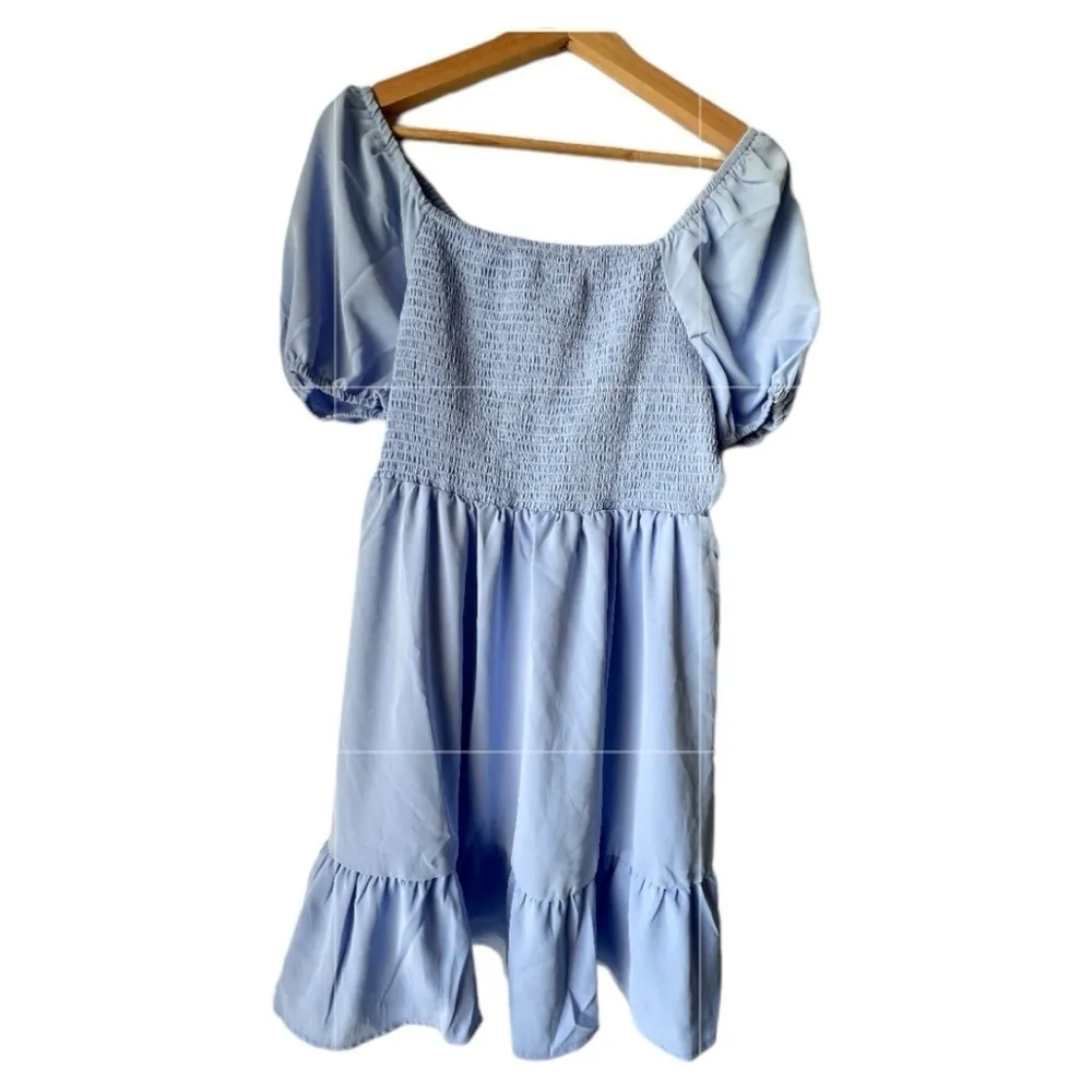 Women's Sky Blue puff sleeve Dress ruffles cascading midi smocked short Size M. - Image 3