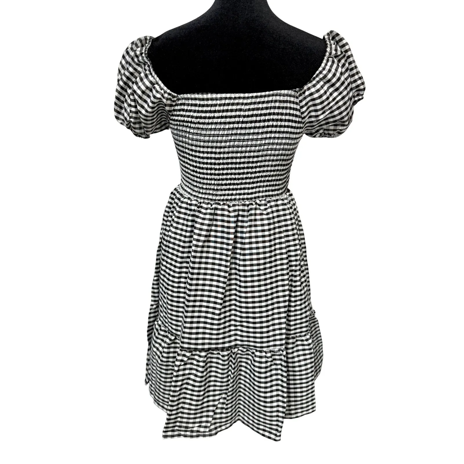 Sugar Kiss Gingham Smocked Puff Sleeve Tiered Dress Black White Size L Size L - Image 3