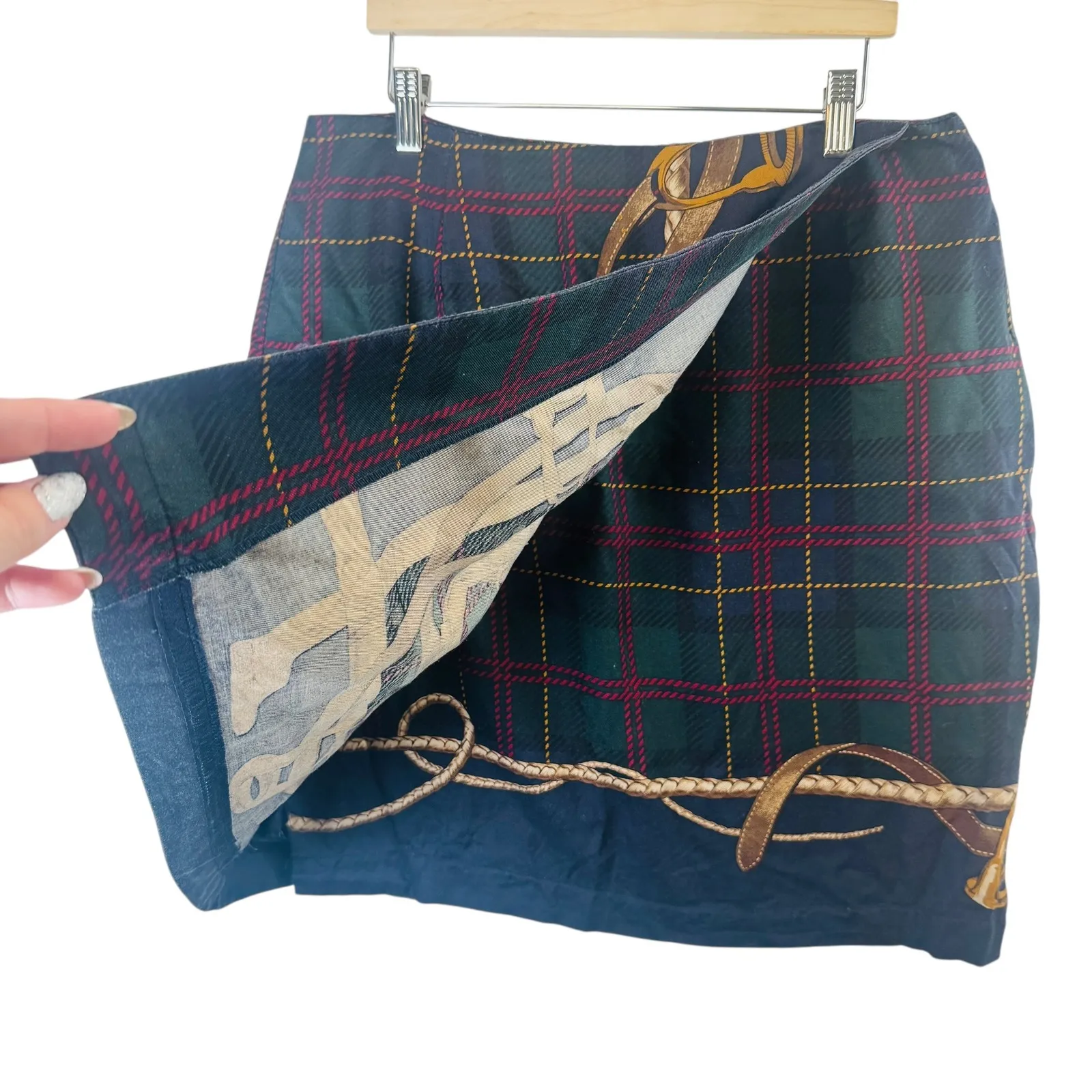 Equestrian Print Skirt Women's L 31" Waist Tartan Horse Handmade Vtg Aesthetic Green Size L - Image 5