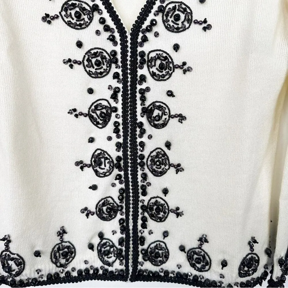 NWT VINTAGE BOSTON PROPER | Cream and Black Beaded Cardigan Sweater Sz. Small - Image 2
