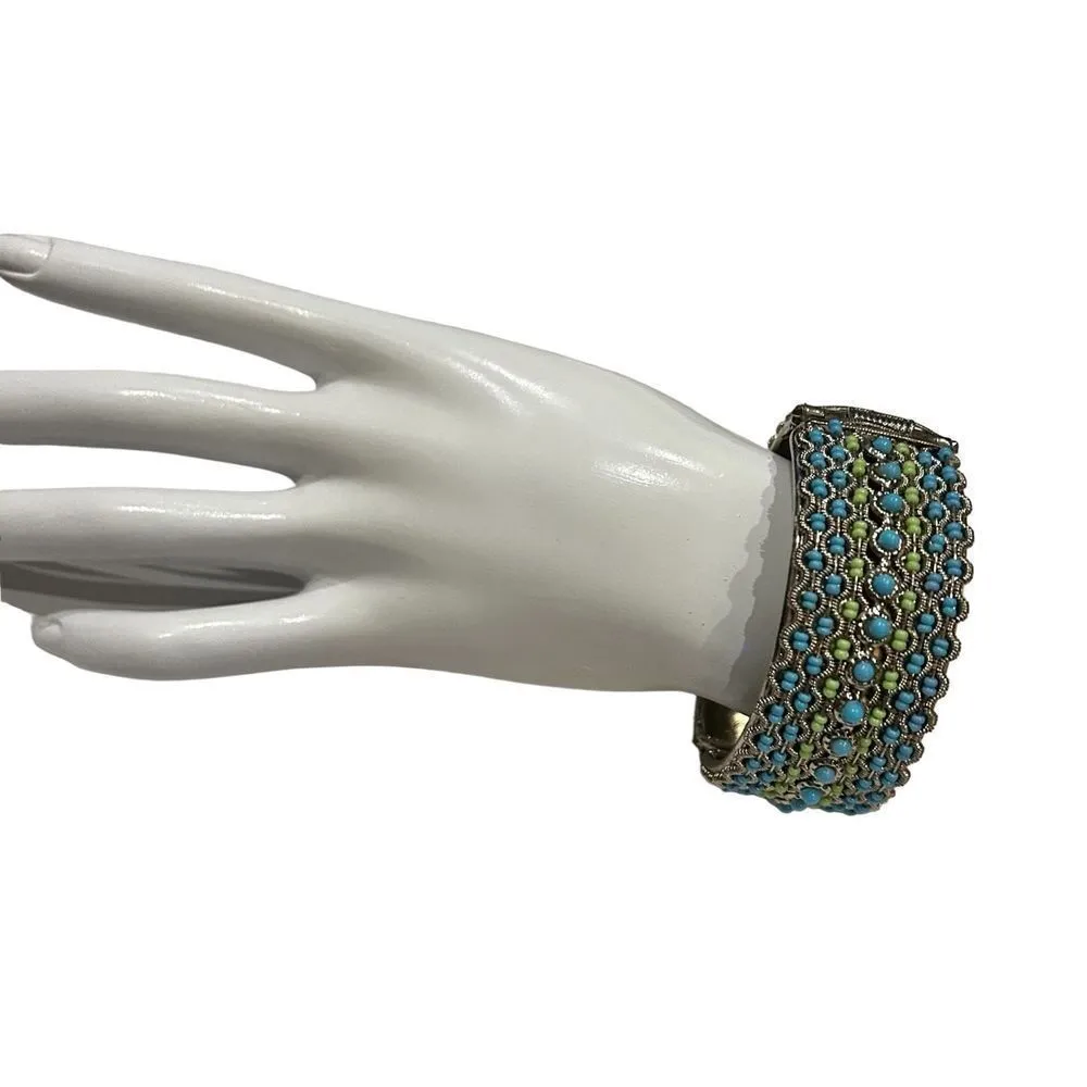 Vintage Boho Faux Turquoise Hinge Cuff Bracelet Silver Tone - Image 4