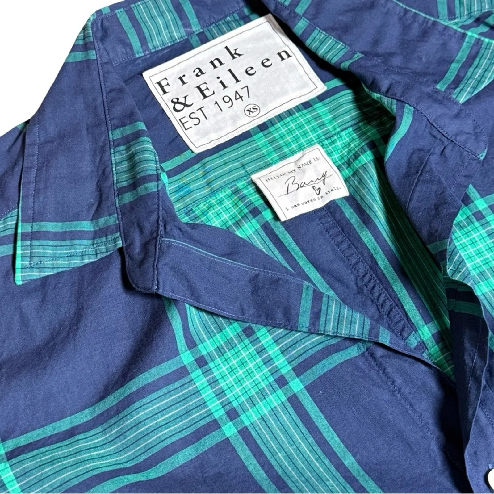 Frank & Eileen Barry Tailored Button Up Jade Navy Plaid Shirt Size XS - Image 6