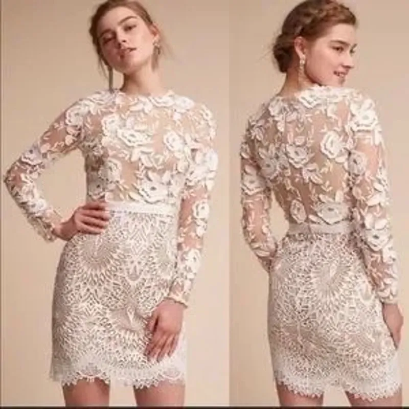 Anthropologie BHLDN Monique Lhuillier Lace Cocktail Wedding Dress 10 Tiana White - Image 3