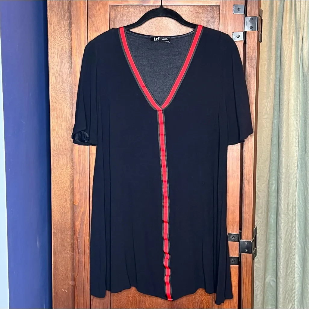 Zara TRF Y2K Whimsygoth Black Swing Mini Dress Red Ribbon Trim Short Sleeve M - Image 2