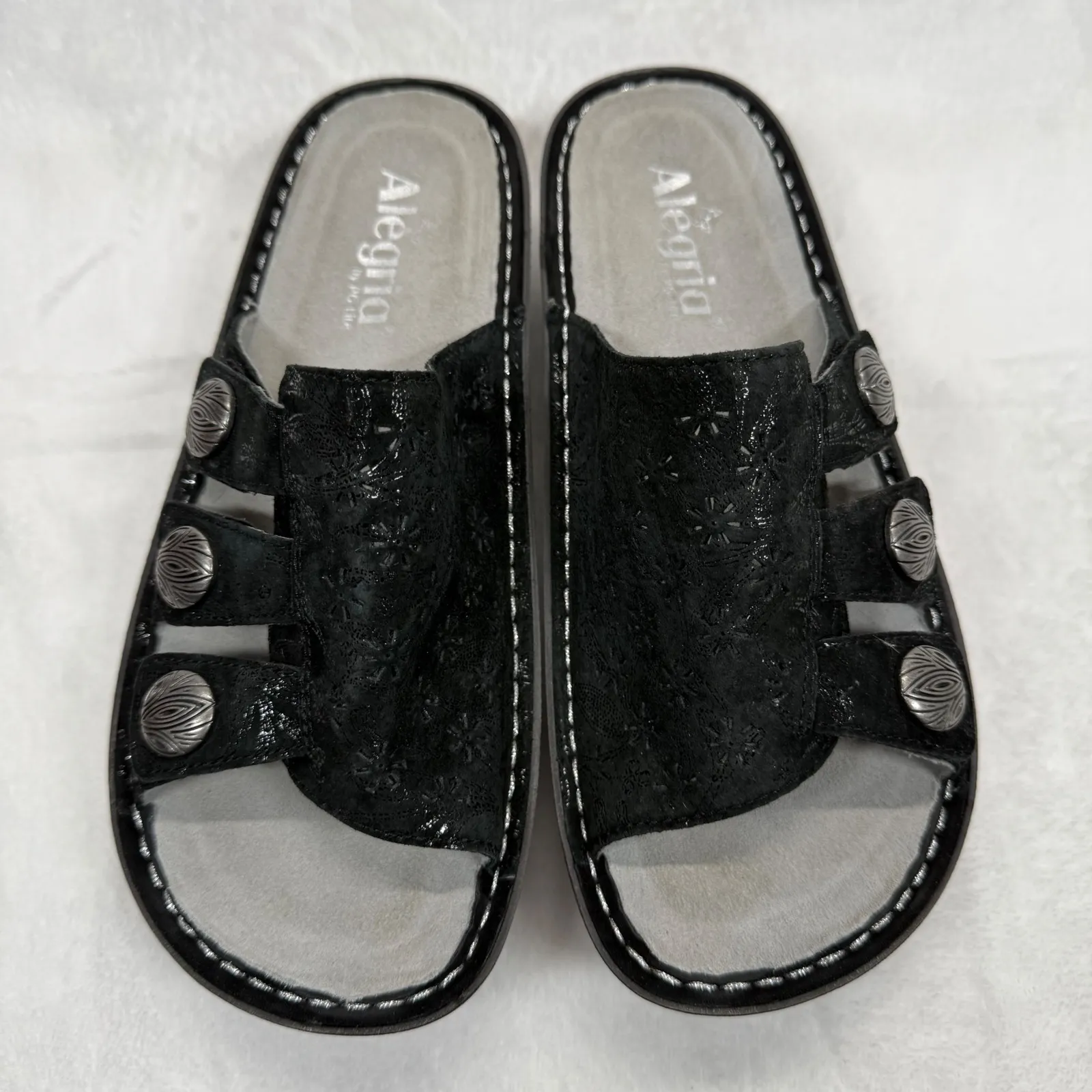 Alegria Leather Julee Vinely Sandals Black Slides‎ Black Floral Size 36 US 6 - Image 3