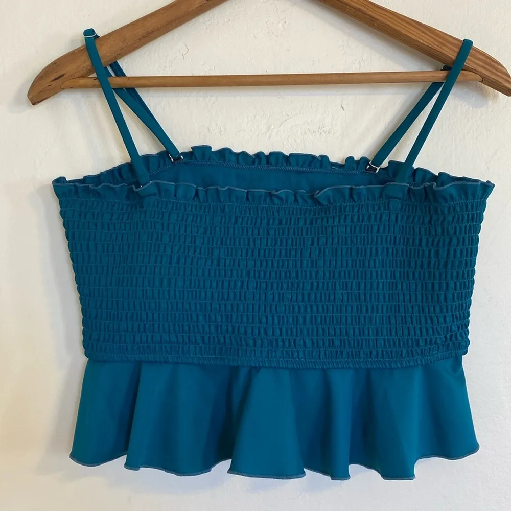 Cupshe  Women’s Teal Smocked Adjustable Strap Swim Tankini Crop Top Large - Image 3