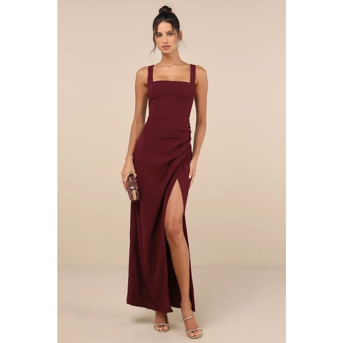NWT Lulus Glamorous Disposition Burgundy Ruched Maxi Dress Bridesmaid Gala Sz L - Image 2