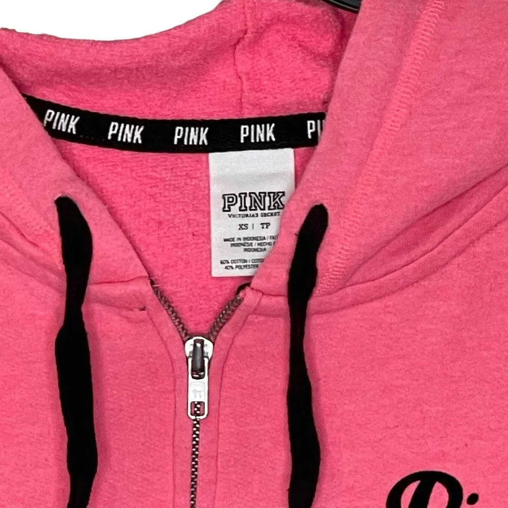 Pink Victoria's Secret Full Zip Jacket Hooded Size XS Pink With Black Lettering - Image 2