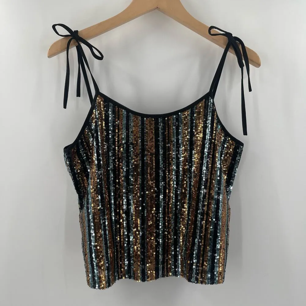 SAY WHAT? Sequin Tank Size Medium Stripe Button Back Tie Straps Open Back Party - Image 14