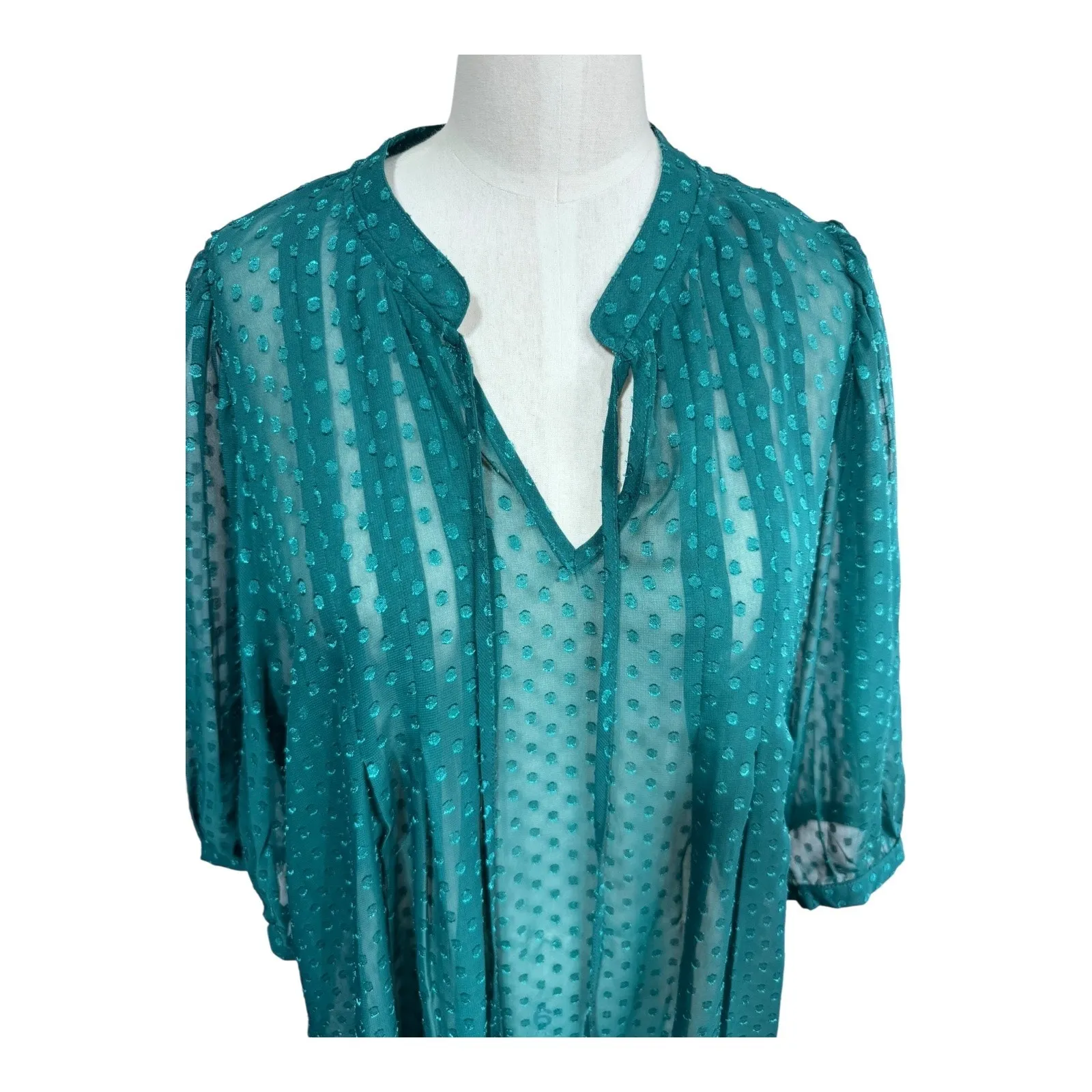 Black Rainn Teal Sheer Blouse Swiss Dot Boho Peasant Top Romantic Women's Large - Image 5