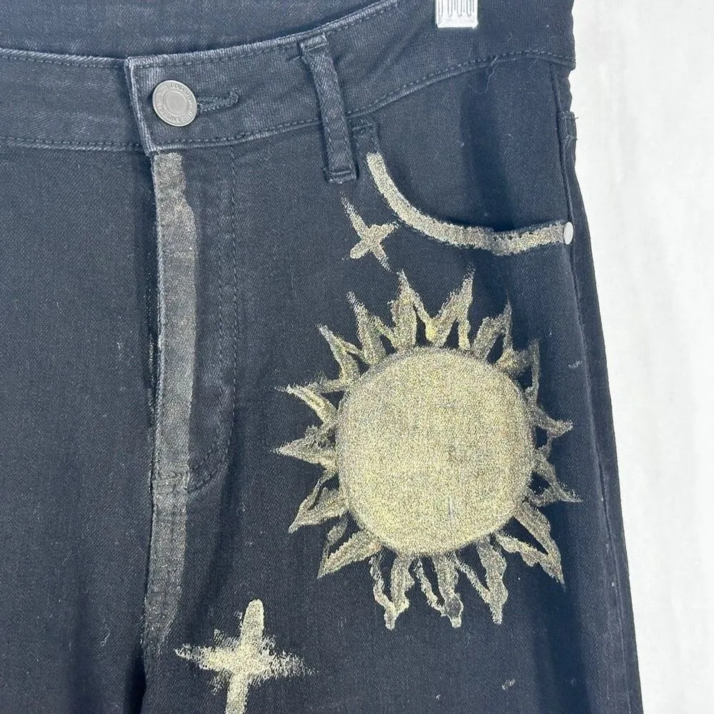 Time Tru Sz 4 Jeans Black Straight Hand Painted Gold Lunar Sun Witch Grunge 1602 - Image 12